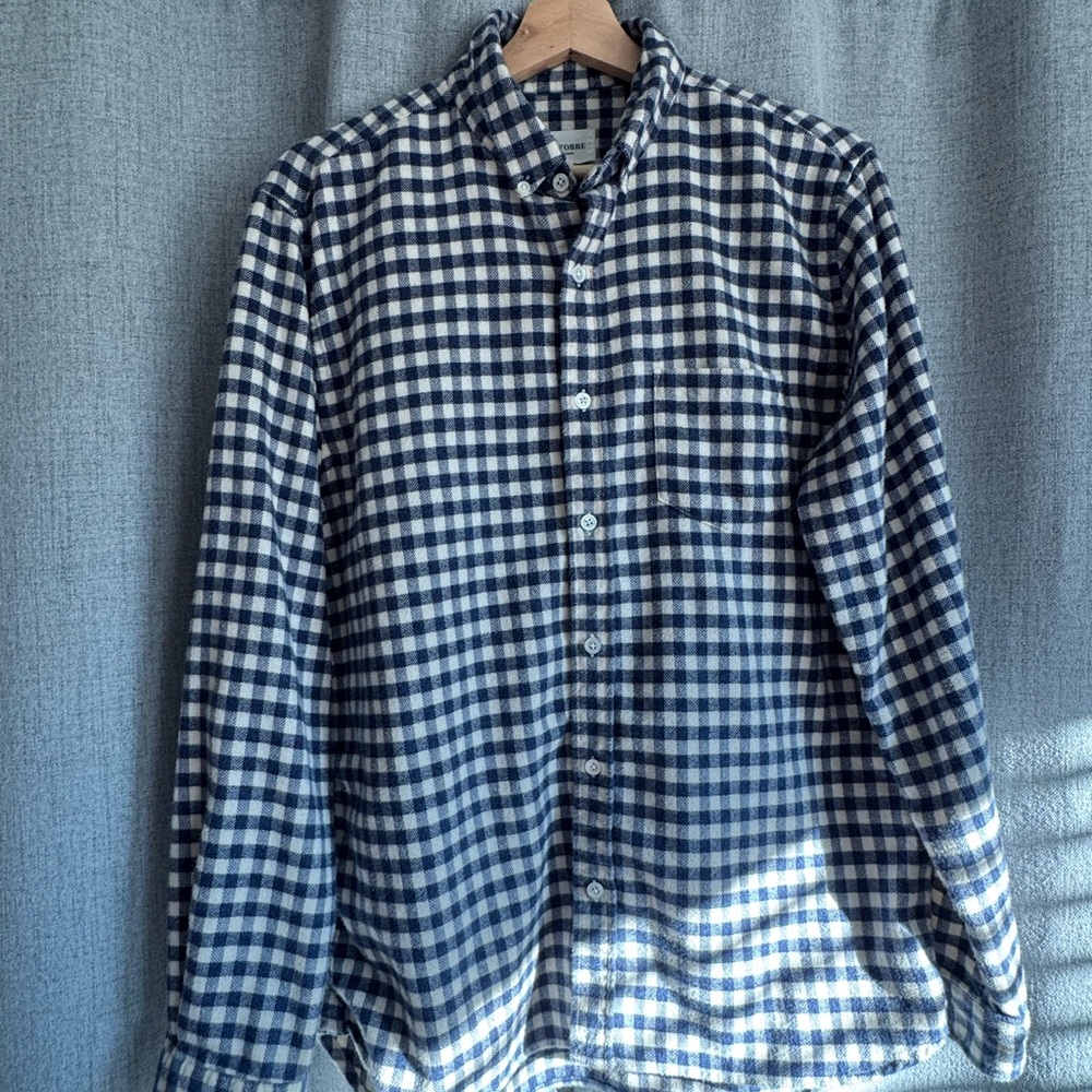 Men's Navy and White Plaid Button-Down Shirt